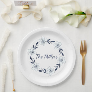 Elegant Navy Blue Floral Wreath Paper Plates