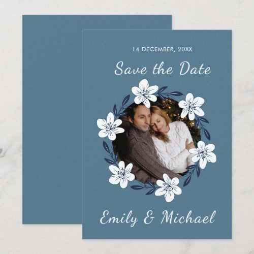 Elegant Navy Blue Floral Wreath Save The Date