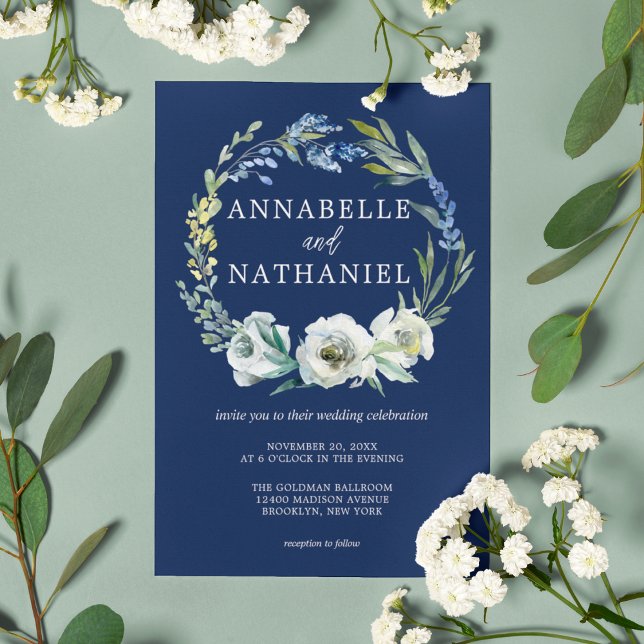Elegant Navy Blue Floral Wreath Wedding Invitation (Creator Uploaded)