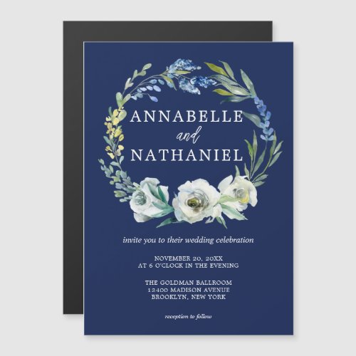 Elegant Navy Blue Floral Wreath Winter Wedding Magnetic Invitation