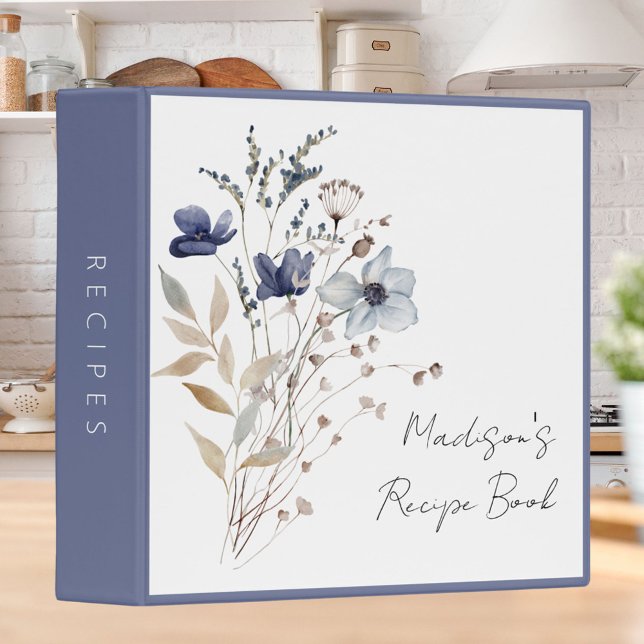 Elegant Navy Blue Flower Floral Recipe Cookbook 3 Ring Binder (In situ)