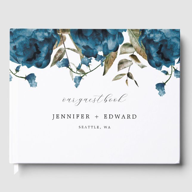 Elegant Navy Blue Flower Wedding Guest Book (Front)
