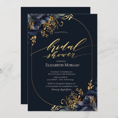 Elegant Navy Blue Flowers Bridal Shower  Invitation