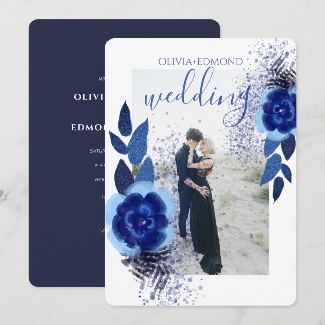 Elegant Navy Blue Flowers Frame Photo Wedding Invitation (Front/Back)