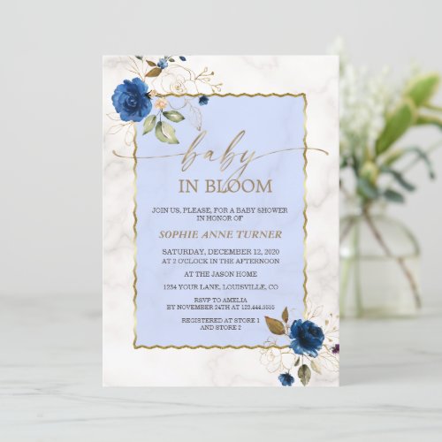 Elegant Navy Blue Flowers Gold Boy Baby in Bloom   Invitation