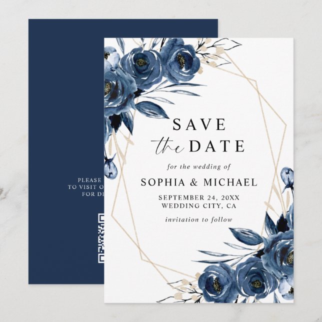 Elegant Navy Blue Flowers & QR Code Wedding  Save The Date (Front/Back)