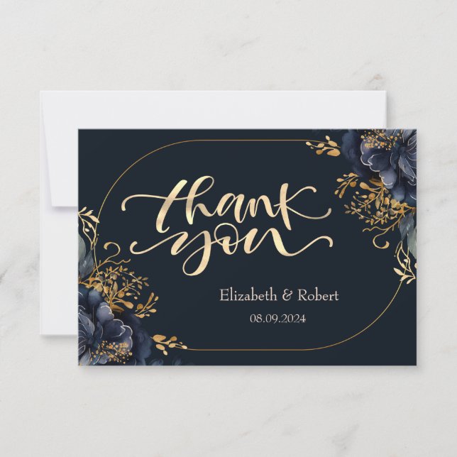 Elegant Navy Blue Flowers Thank You Card (Front)