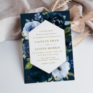 Elegant Navy blue flowers wedding Invitation