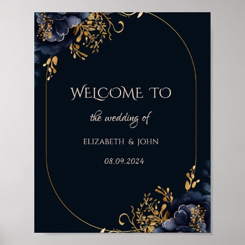 Elegant Navy Blue Flowers Wedding Poster