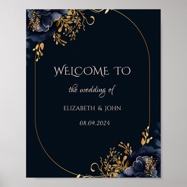 Elegant Navy Blue Flowers Wedding Poster (Front)