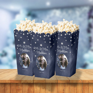 Elegant Navy Blue Foil & Diamond Wedding Popcorn Favor Boxes