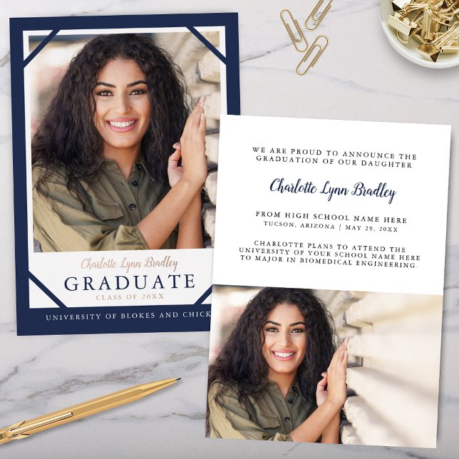 Elegant Navy Blue Foil Graduation Announcement (Modern Navy Blue and Rose Gold Graduation Announcement with 2 photos, trendy script)