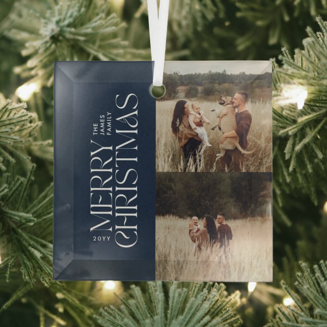 Elegant navy blue foliage modern minimal photo glass ornament (Insitu)