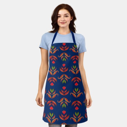 Elegant Navy Blue Folk Art Floral Rustic Cozy Fall Apron