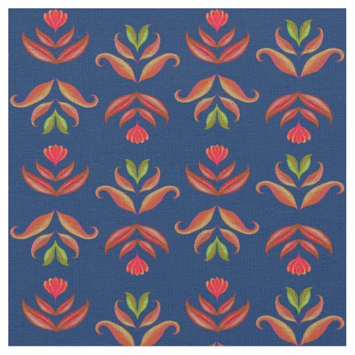 Elegant Navy Blue Folk Art Floral Rustic Cozy Fall Fabric