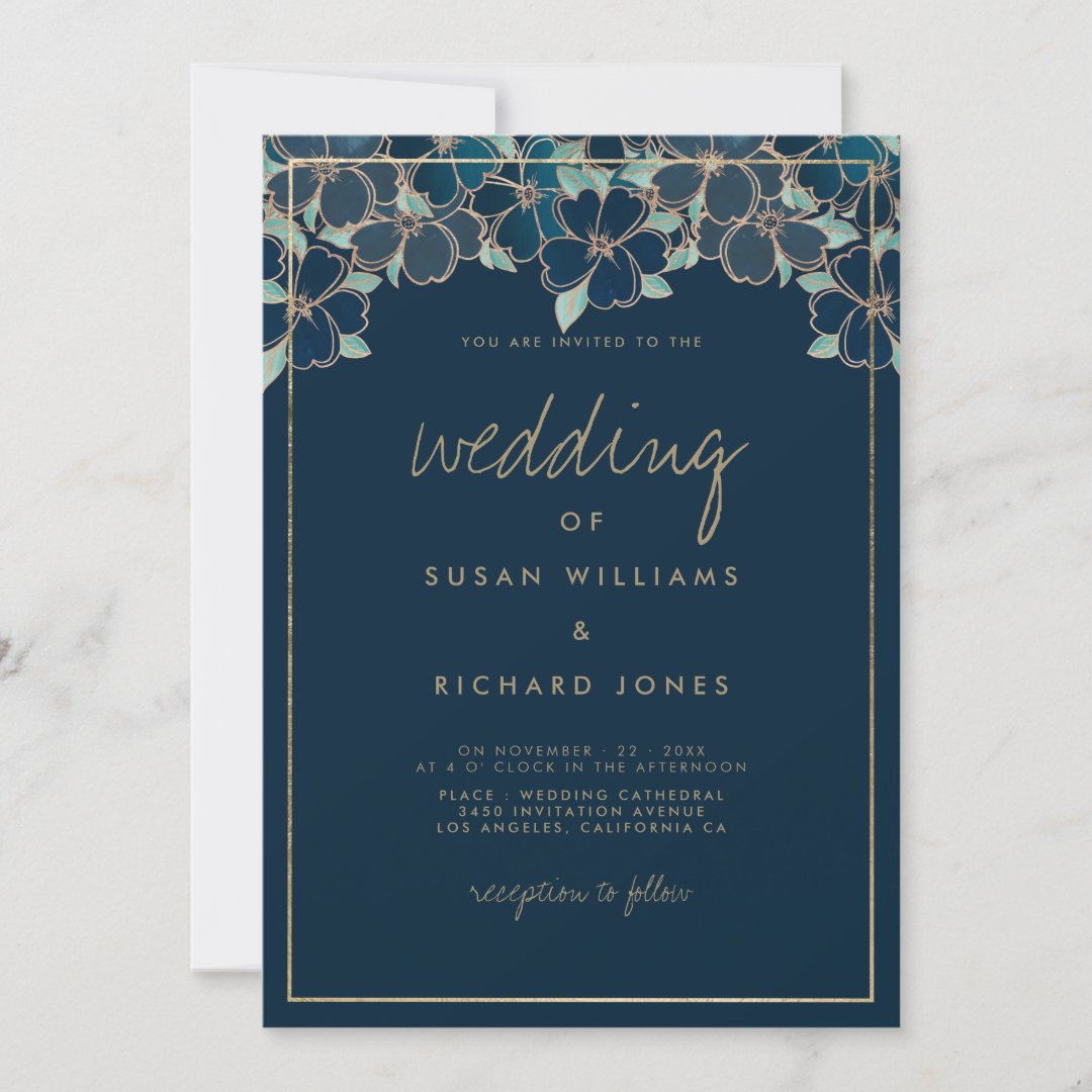 Elegant navy blue forest green gold floral wedding invitation | Zazzle