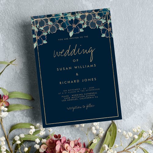 Elegant navy blue forest green gold floral wedding invitation