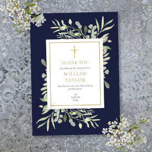 Elegant Navy Blue Funeral Memorial Gold Cross Thank You Card