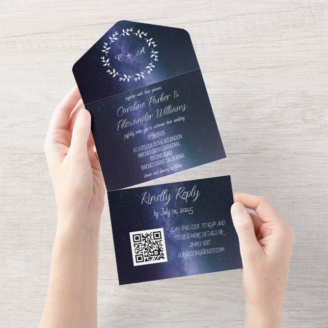 Elegant Navy Blue Galaxy Modern RSVP QR Code All In One Invitation (Tearaway)
