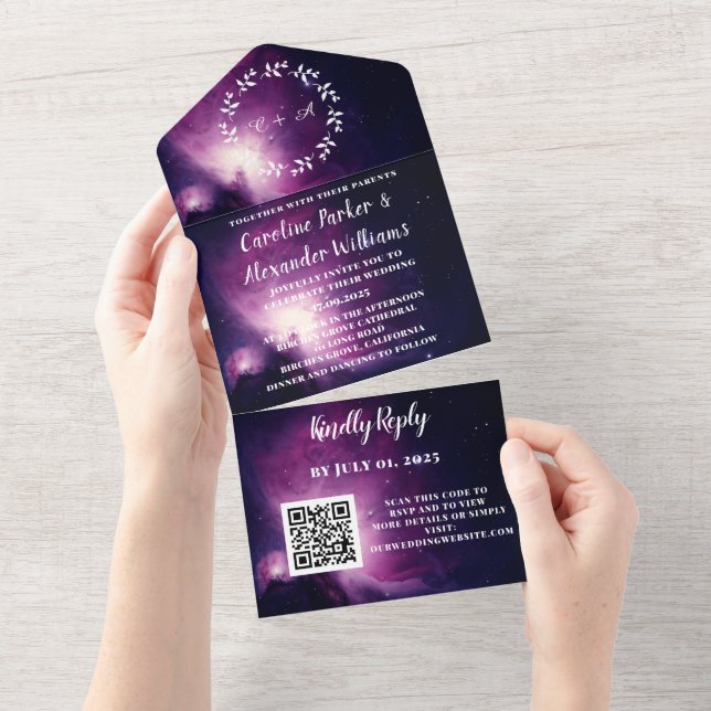 Elegant Navy Blue Galaxy Modern RSVP QR Code All In One Invitation (Tearaway)