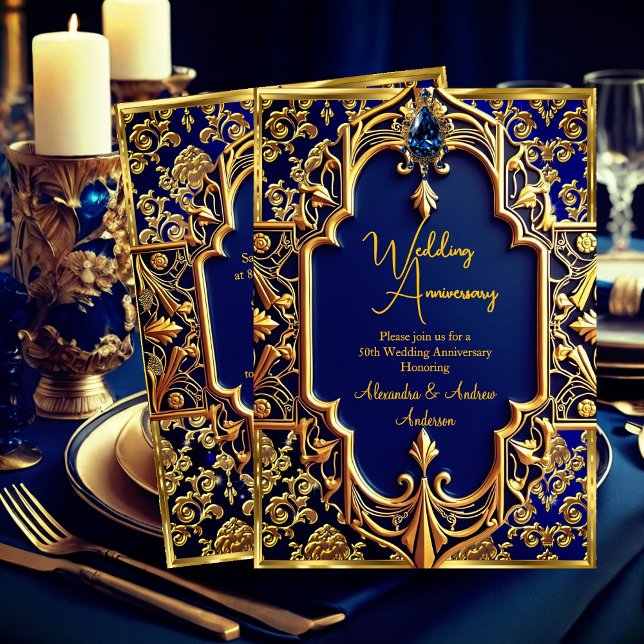 Elegant Navy Blue Gem Gold 50th Anniversary Invitation (Creator Uploaded)