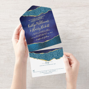 Elegant Navy Blue Geode Agate Wedding Real Foil All In One Invitation