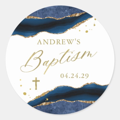 Elegant Navy Blue Geode with Gold Cross | Baptism Classic Round Sticker
