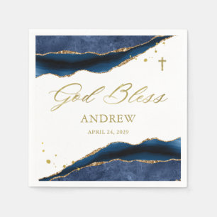 Elegant Navy Blue Geode with Gold Cross Baptism Napkins