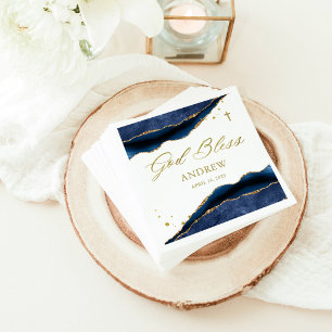 Elegant Navy Blue Geode with Gold Cross Baptism Napkins