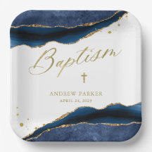 Elegant Navy Blue Geode with Gold Cross | Baptism