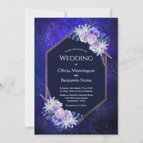 Elegant Navy Blue Geometric Floral Wedding Invitation