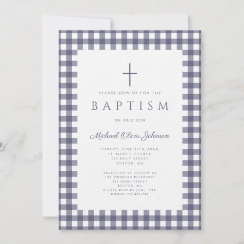 Elegant Navy Blue Gingham Boy Baptism Invitation