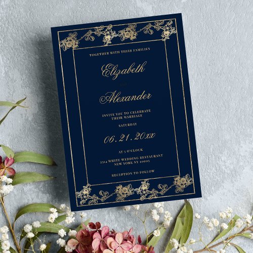 Elegant navy blue glam gold floral frame wedding invitation