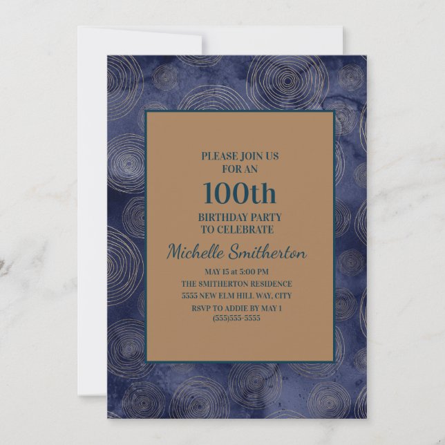 Elegant Navy Blue Gold 100th Birthday Invitation (Front)