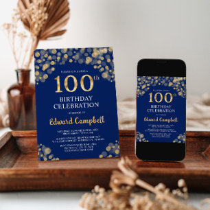 Elegant Navy Blue & Gold 100th Birthday Invitation