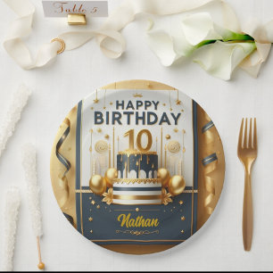 Elegant Navy Blue & Gold 10th Birthday Celebration Paper Plates