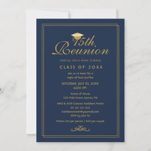 Elegant Navy Blue Gold 15th Class Reunion Invitation