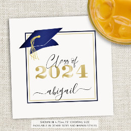 Elegant Navy Blue Gold 2024 Graduation Cap Script Napkins