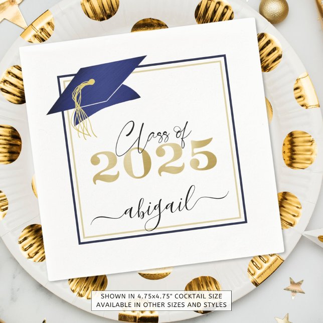 Elegant Navy Blue Gold 2025 Graduation Cap Script Napkins (Creator Uploaded)