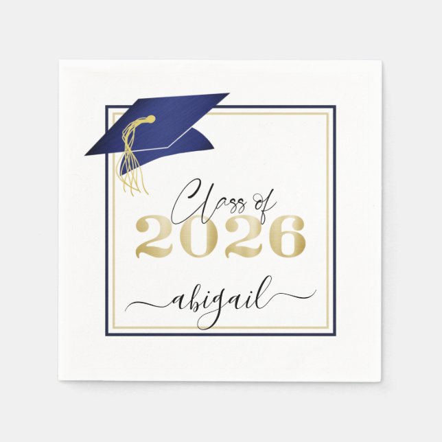 Elegant Navy Blue Gold 2026 Graduation Cap Script Napkins (Front)