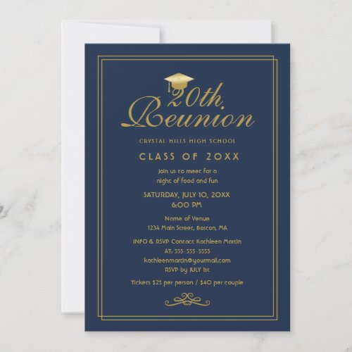 Elegant Navy Blue Gold 20th Class Reunion Invitation