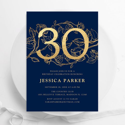 Elegant Navy Blue Gold 30th Birthday Invitation