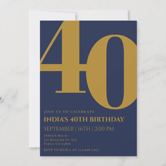 Elegant Navy Blue & Gold 40th Birthday  Invitation (Front)