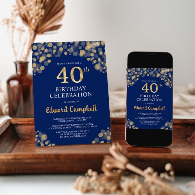 Elegant Navy Blue & Gold 40th Birthday Invitation (Creator Uploaded)