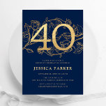 Elegant Navy Blue Gold 40th Birthday Invitation<br><div class="desc">Elegant navy blue gold 40th birthday party invitation. Customizable modern feminine design featuring roses botanical accents and faux glitter gold. Simple floral invite card perfect for a stylish female bday celebration. Personalize with your own details. Printed Zazzle invitations or instant download digital printable template.</div>