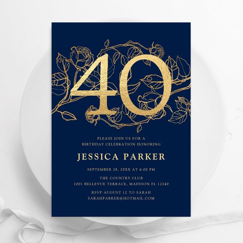 Elegant Navy Blue Gold 40th Birthday Invitation