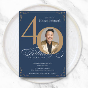Elegant Navy Blue Gold 40th Birthday Invitation