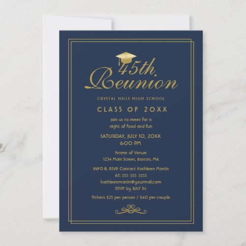 Elegant Navy Blue Gold 45th Class Reunion Invitation