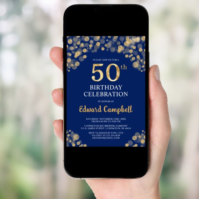 Elegant Navy Blue & Gold 50th Birthday Invitation (Front Digital)