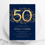 Elegant Navy Blue Gold 50th Birthday Invitation<br><div class="desc">Elegant navy blue gold 50th birthday party invitation. Customizable modern feminine design featuring roses botanical accents and faux glitter gold. Simple floral invite card perfect for a stylish female bday celebration. Personalize with your own details. Printed Zazzle invitations or instant download digital printable template.</div>